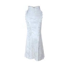 Beaded ruffle lace zip-up maxi skirt