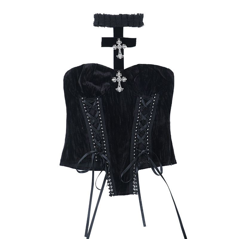 Halter cross pattern velvet lace up top