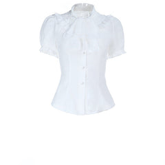 Puff sleeve lace hem button top