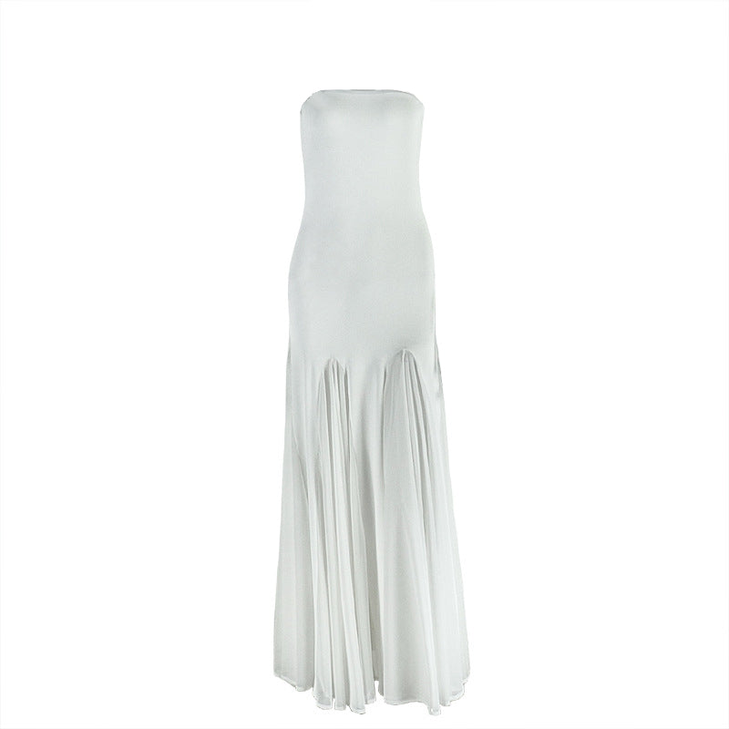Mesh patchwork solid tube maxi dress