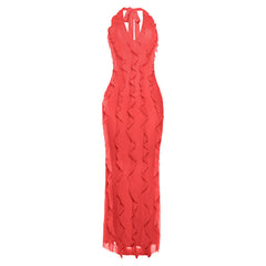 Halter self tie ruffle v neck solid maxi dress