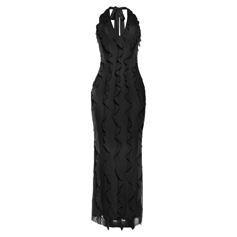 Halter self tie ruffle v neck solid maxi dress
