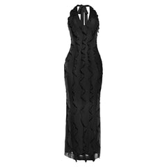 Halter self tie ruffle v neck solid maxi dress