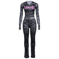Leopard print hoodie long sleeve zip-up pant set