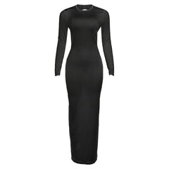 Crewneck long sleeve backless solid maxi dress