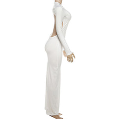 Crewneck long sleeve backless solid maxi dress