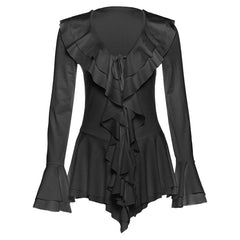 Long flared sleeve ruffle v neck self tie mini dress