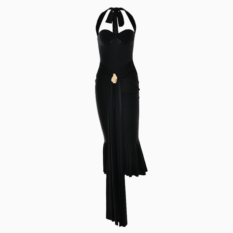 Halter self tie v neck backless midi dress