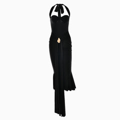Halter self tie v neck backless midi dress
