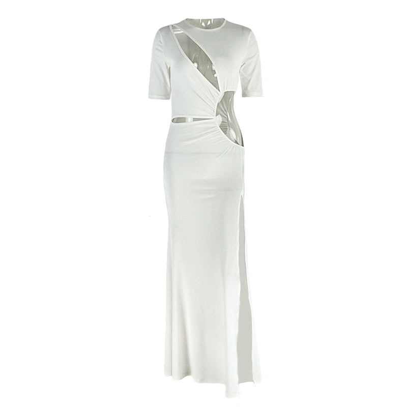 Crewneck hollow out slit long sleeve cut out maxi dress