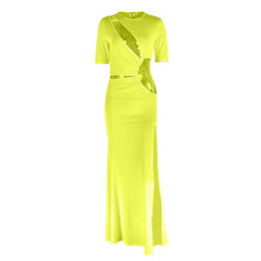Crewneck hollow out slit long sleeve cut out maxi dress