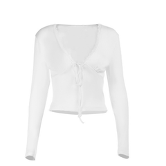 Long sleeve v neck lace hem self tie top