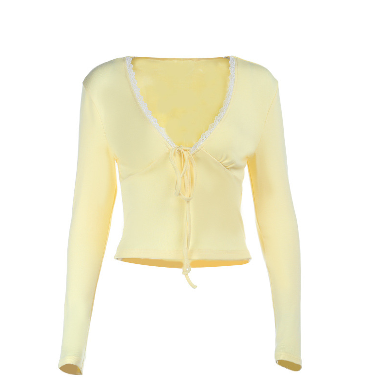 Long sleeve v neck lace hem self tie top