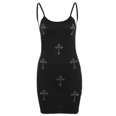 U neck beaded cross pattern backless cami mini dress