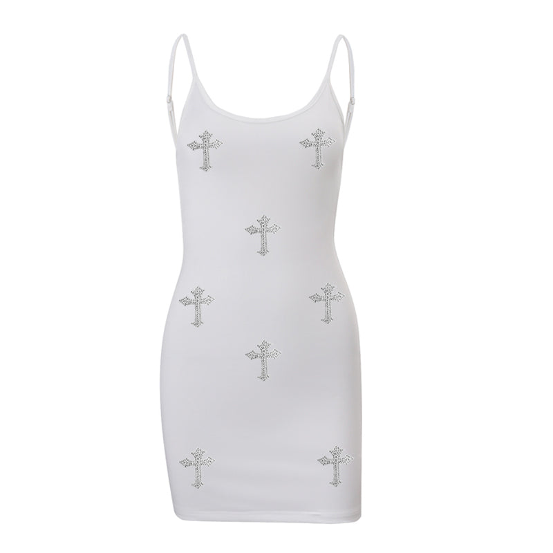 U neck beaded cross pattern backless cami mini dress