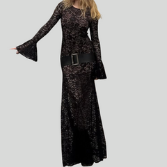 Long sleeve lace crewneck hollow out cut out maxi dress