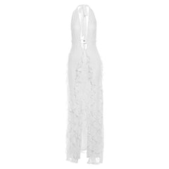 Halter deep v neck ruffle slit maxi dress