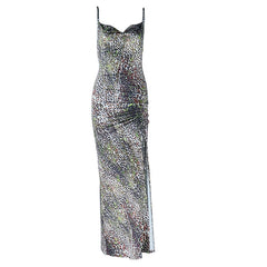 Leopard print slit ruched cami maxi dress