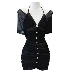 Halter off shoulder mesh button mini dress