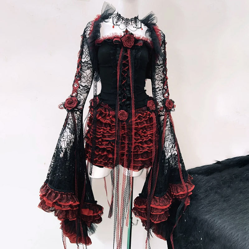 Long flared sleeve lace flower applique mini skirt set