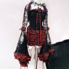 Long flared sleeve lace flower applique mini skirt set