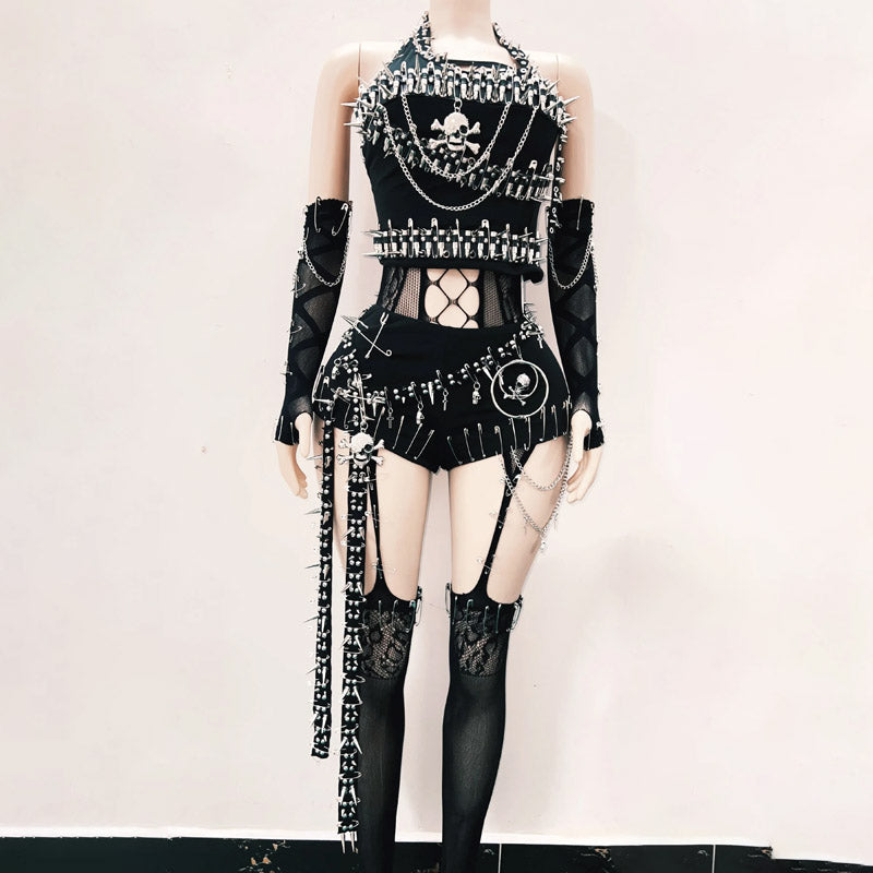 Halter hollow out metal chain rivet applique pant set