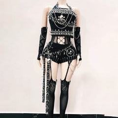Halter hollow out metal chain rivet applique pant set