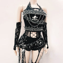 Halter hollow out metal chain rivet applique pant set