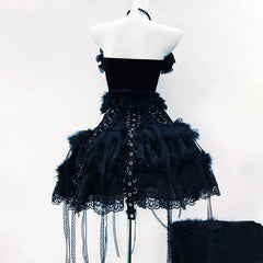 Beaded ruffle halter lace hem mini skirt set