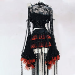 Long flared sleeve flower applique lace mini skirt set