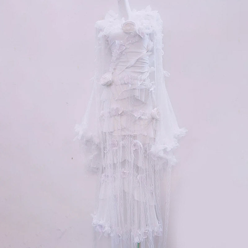 Long flared sleeve flower applique lace hem maxi dress