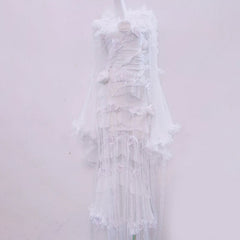 Long flared sleeve flower applique lace hem maxi dress