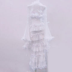 Long flared sleeve flower applique lace hem maxi dress