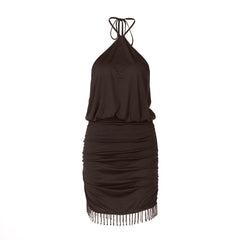 Self tie halter ruched tassels mini dress