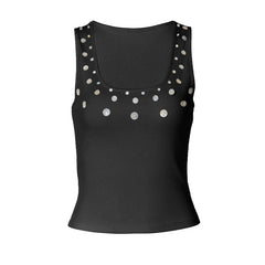 Ribbed button applique u neck tank top