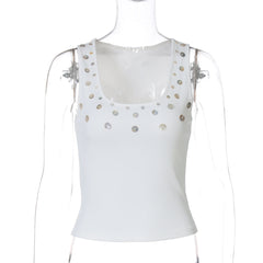 Ribbed button applique u neck tank top