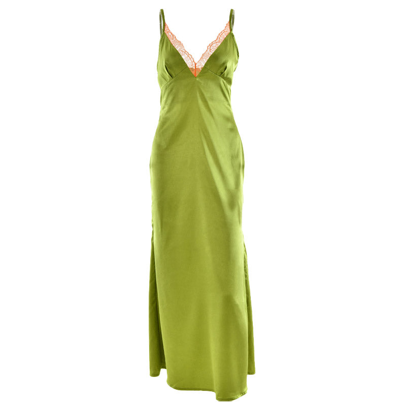 Satin lace hem v neck zip-up cami maxi dress