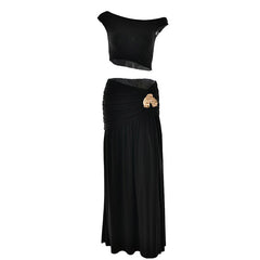 Ruched high slit irregular solid maxi skirt set