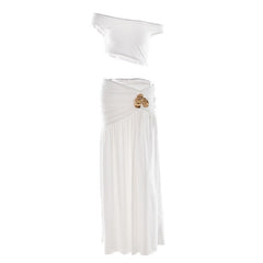 Ruched high slit irregular solid maxi skirt set