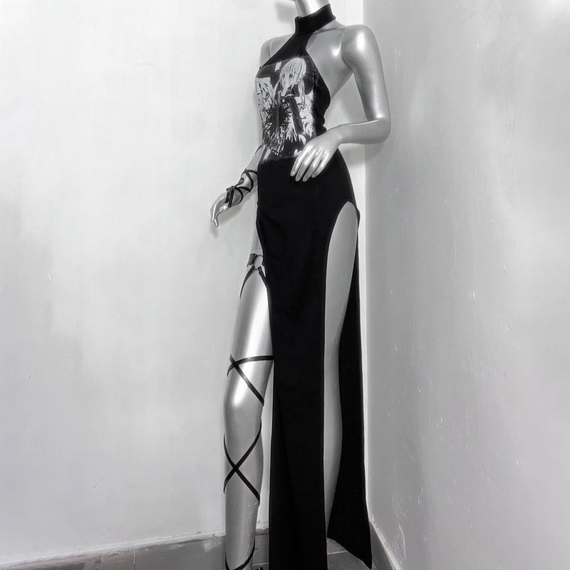 Halter slit portrait pattern backless maxi dress