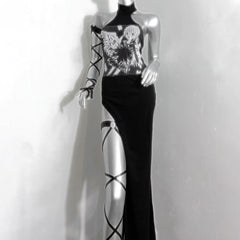 Halter slit portrait pattern backless maxi dress
