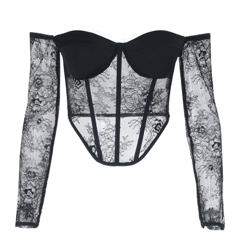 Off shoulder corset long sleeve lace top