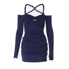 Cross front off shoulder ruched solid mini dress