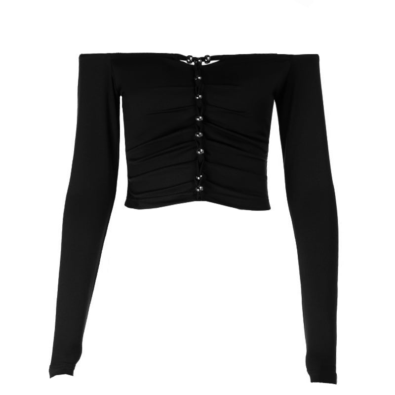 Off shoulder long sleeve hollow out beaded cut out top