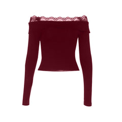 Long sleeve lace hem solid off shoulder top