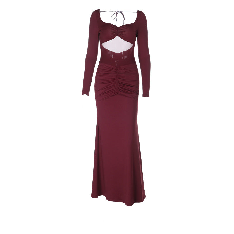 Long sleeve hollow out ruched mesh patchwork cut out maxi dress