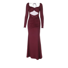 Long sleeve hollow out ruched mesh patchwork cut out maxi dress