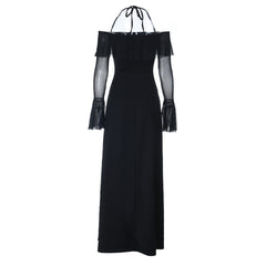 Long flared sleeve off shoulder ruffle maxi dress