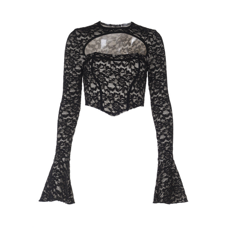 Long flared sleeve crewneck lace hollow out cut out top