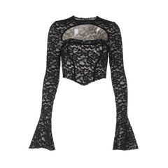 Long flared sleeve crewneck lace hollow out cut out top